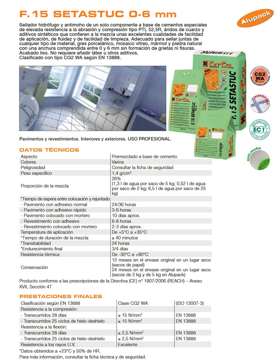 Lechada Borada para Azulejos F15 SETASTUC | Rejunte 0-6 mm
