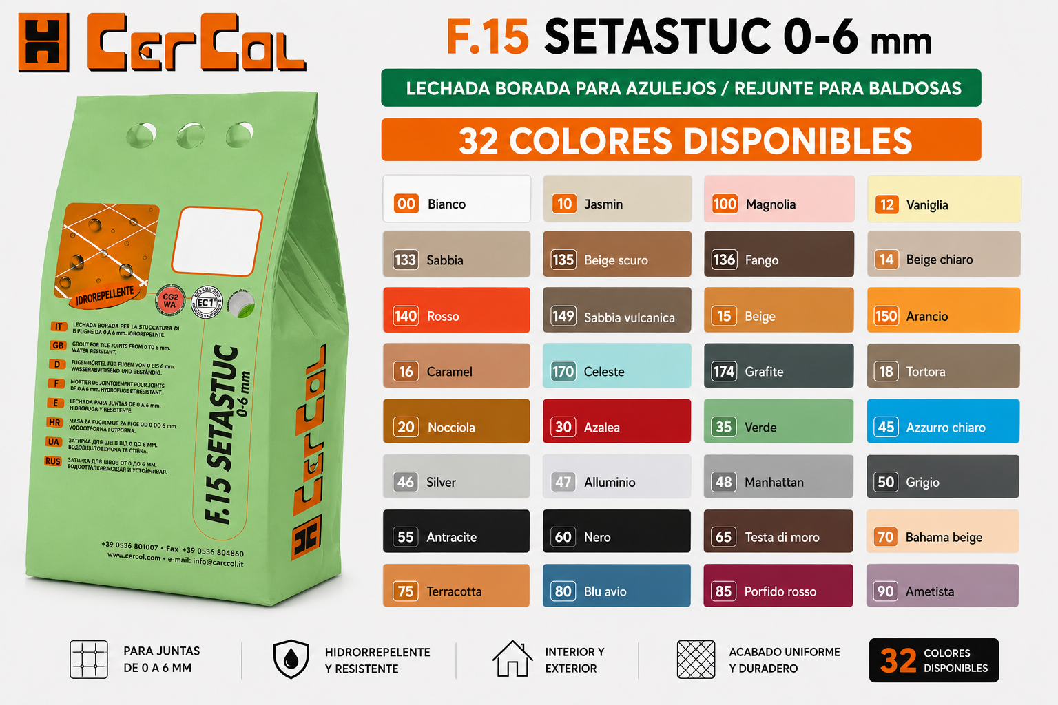 Lechada Borada para Azulejos F15 SETASTUC | Rejunte 0-6 mm